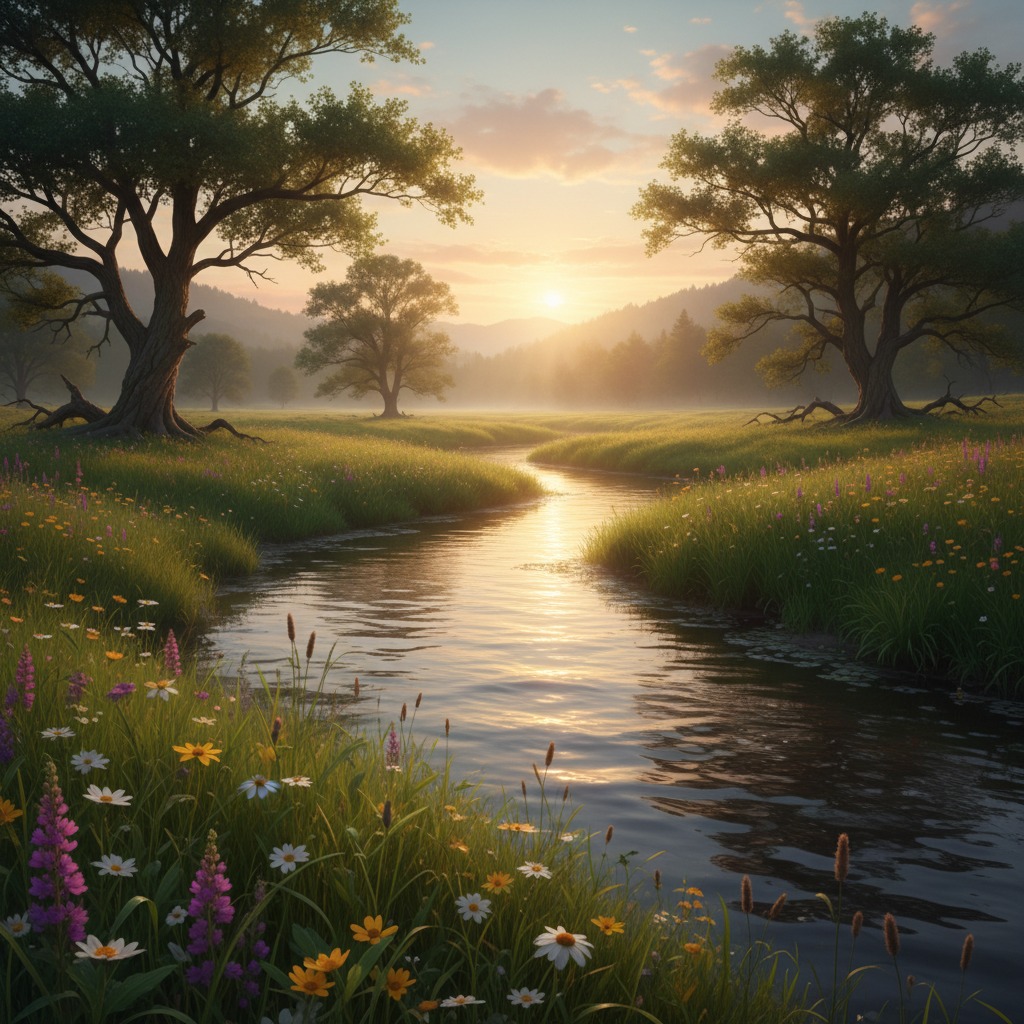 A winding stream flows through a lush meadow filled with wildflowers under a golden sunset.